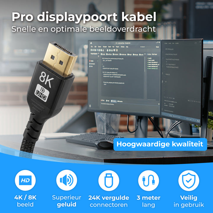 Displayport Kabel 3 Meter Zwart