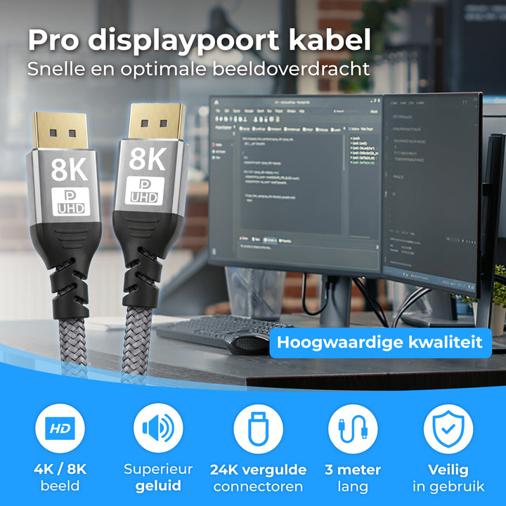 Displayport Kabel 3 Meter Grijs
